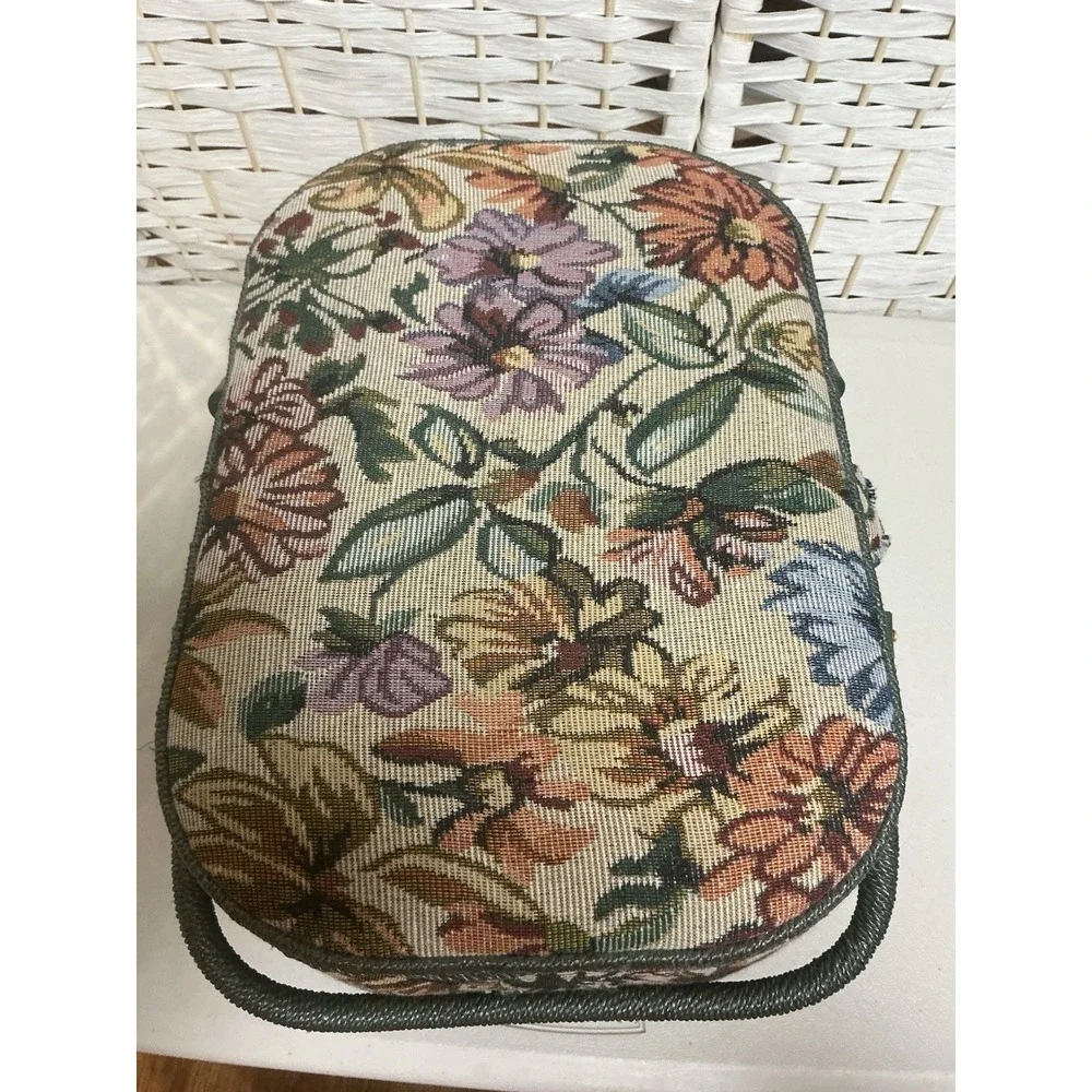 Vintage 1970s AZAR Floral Tapestry Sewing Basket Green Handles Full‎ Threads